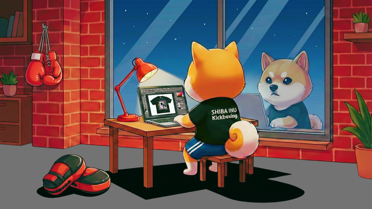 自室でノートパソコンに向かいデザイン作業をする柴犬トレーナーの後ろ姿（窓ガラスに真剣な表情が映っている）