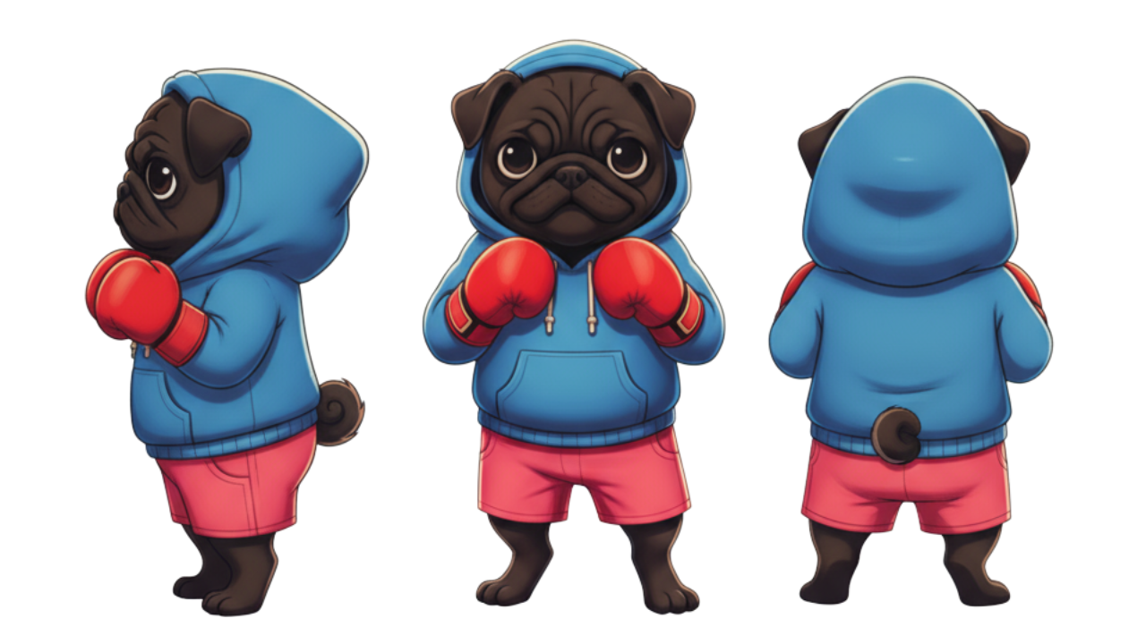 赤のグローブをしたパグ